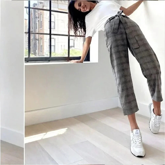 Aritzia Wilfred Jallade Tie Front Wool Blend Pants Trousers Grey Plaid Size 4 - Picture 1 of 8